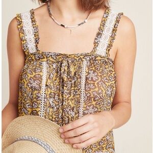 Anthropologie Mustard Floral Boho Tank Crochet Lace Strap Peasant Top Sz 12